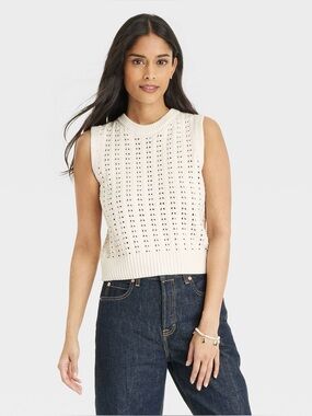 Universal Thread Cream Openwork Sweater Vest M | Cotton Knit | Preppy Chic